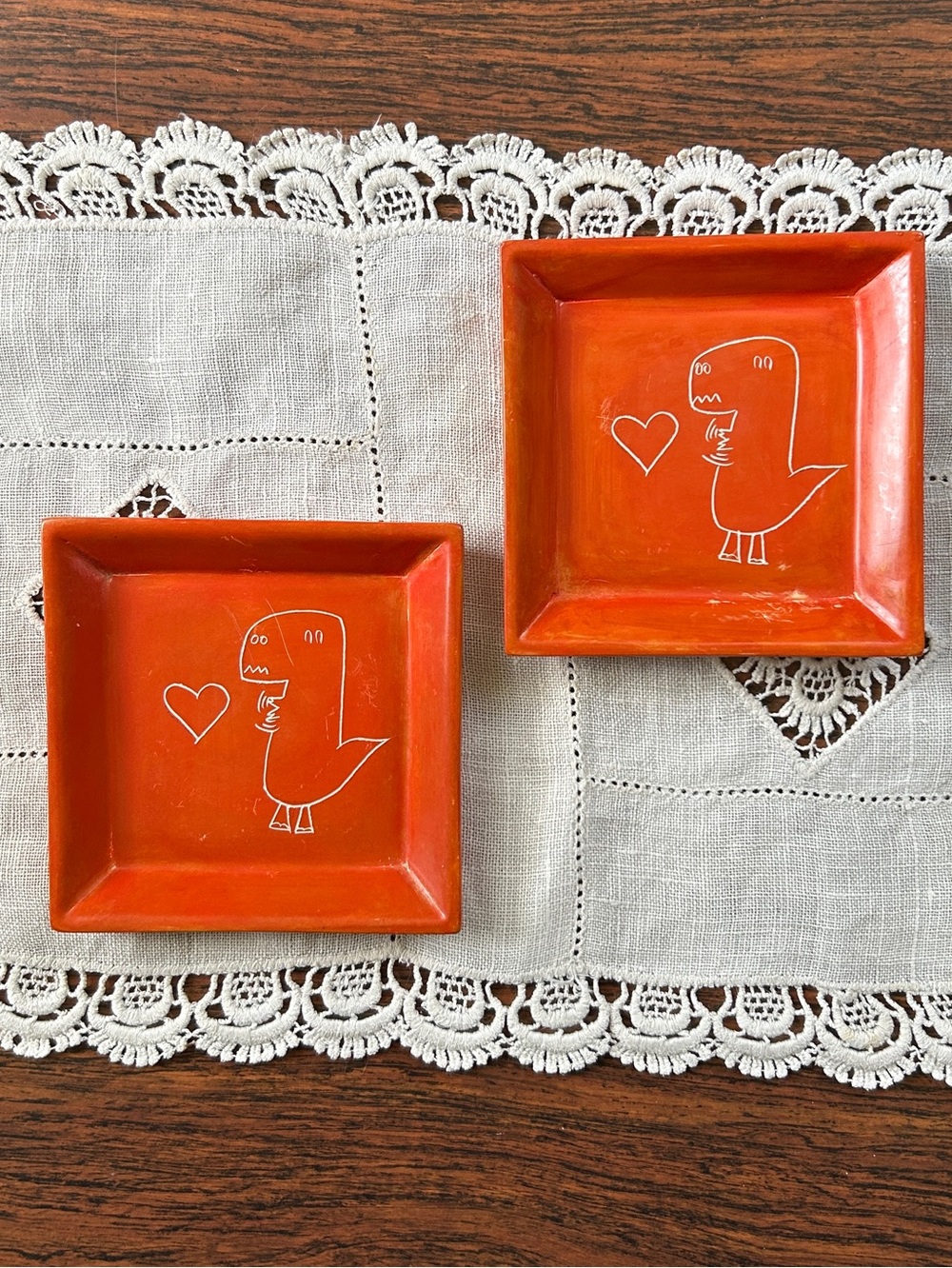 Handmade Kenya Dinosaur Trinket Dishes Set Orange Ceramic Catchall Plate